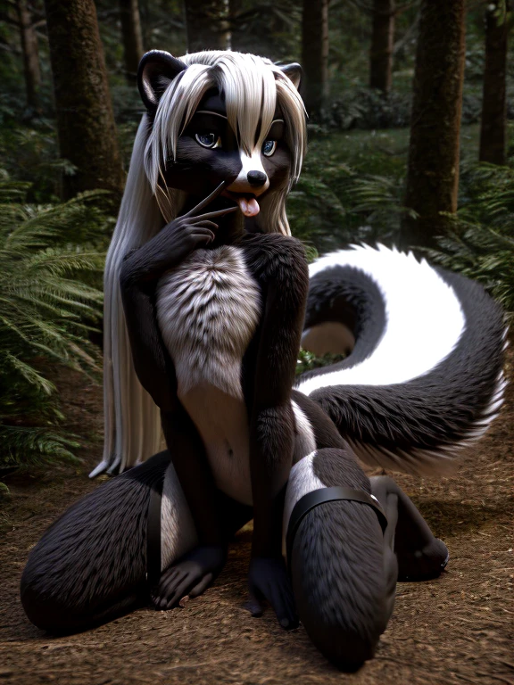 Skunk, Solo, 1 girl, fluffy, feminine, beautiful, long hair, Cute, fur detailing, dark colored fur, 3d, Model, slim body, enjoys, in a forest, sexy body, 18+, light erotica, fluffy, detailed fur, beautiful eyes, intimate, slightly flirty, chest fluff, flat chest, small round chest, on knees, tongue out, (cunnilingus gesture), hand hovering over mouth, licking between fingers, seductive pose, thigh strap, one leg in front of other, digitigrade