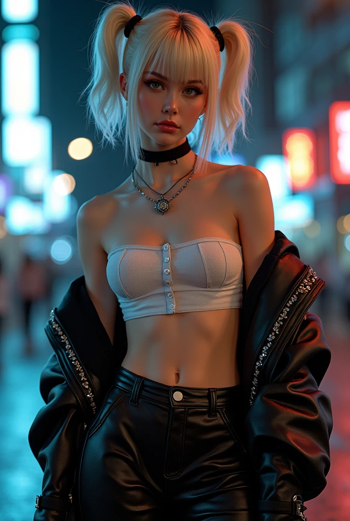 NSFW, (melhor qualidade: 1.2), (obra-prima: 1.2), (detalhado: 1.2), portrait photo of a stylish beautiful girl , in a dystopic environment, asymmetric hair cut, cyberpunk aestethic, cyberpunk hoop earrings, cyberpunk collar, white crop top, lowrise black leather pants, heavenly beauty, 8k, 50mm, f/1.4, high detail, sharp focus, (skinny), toned, (flat chest, small breasts:1.5), (realistic dirty skin) sunshine on her face, sunset, looking at camera, white hair