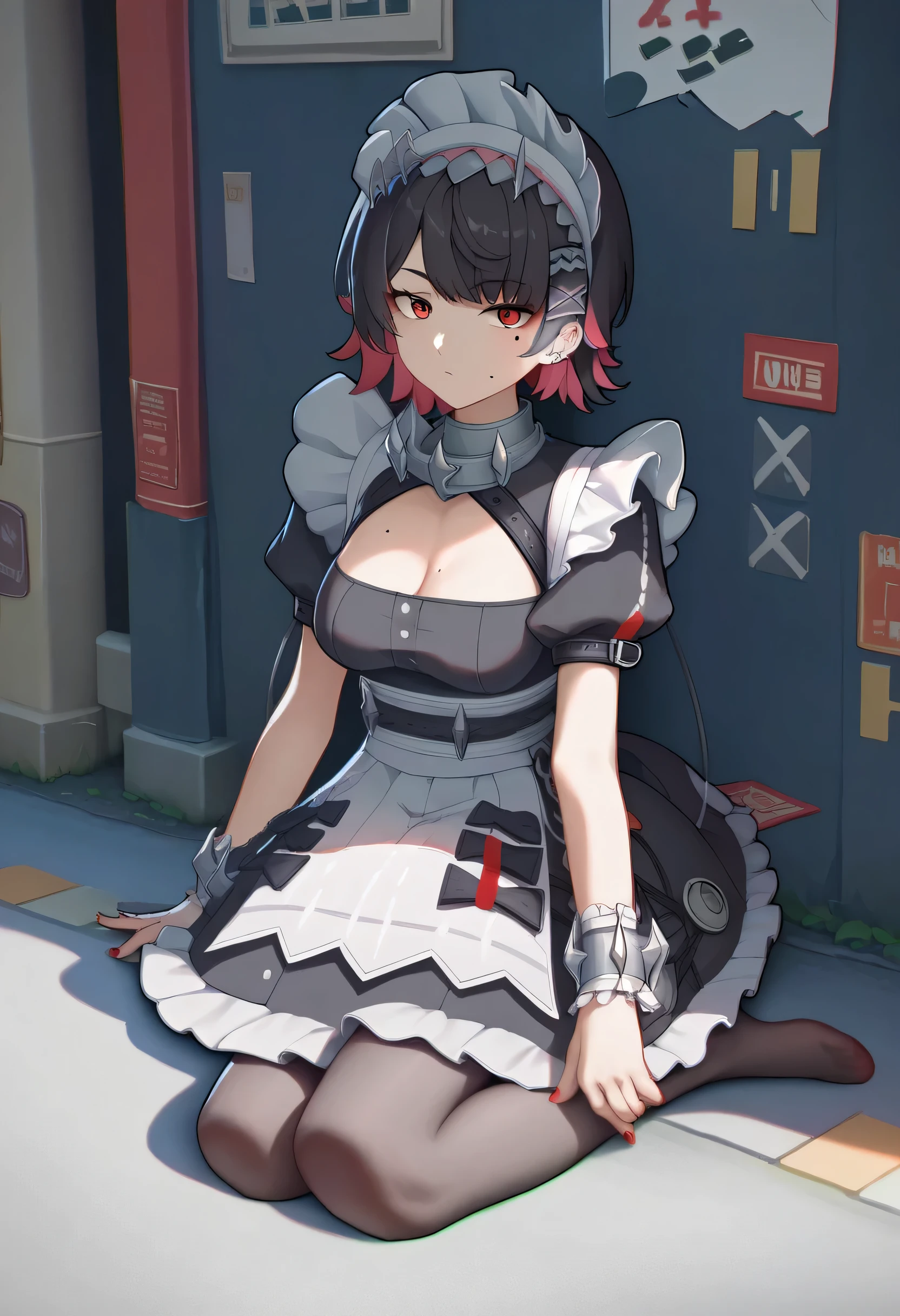 score_9, score_8_up, score_7_up, score_6_up, source_anime, highres, masterpiece, best quality, intricate details, detailed face, looking at viewer, 1girl, 1girl,ellen_joe,maid_headdress,black_dress,wrist_cuffs,puffy_short_sleeves,mole_under_eye,large_breasts,frilled_dress,black_pantyhose,medium_breasts,, modern street, street, outdoor, CLEAVAGE, medium breasts, sitting