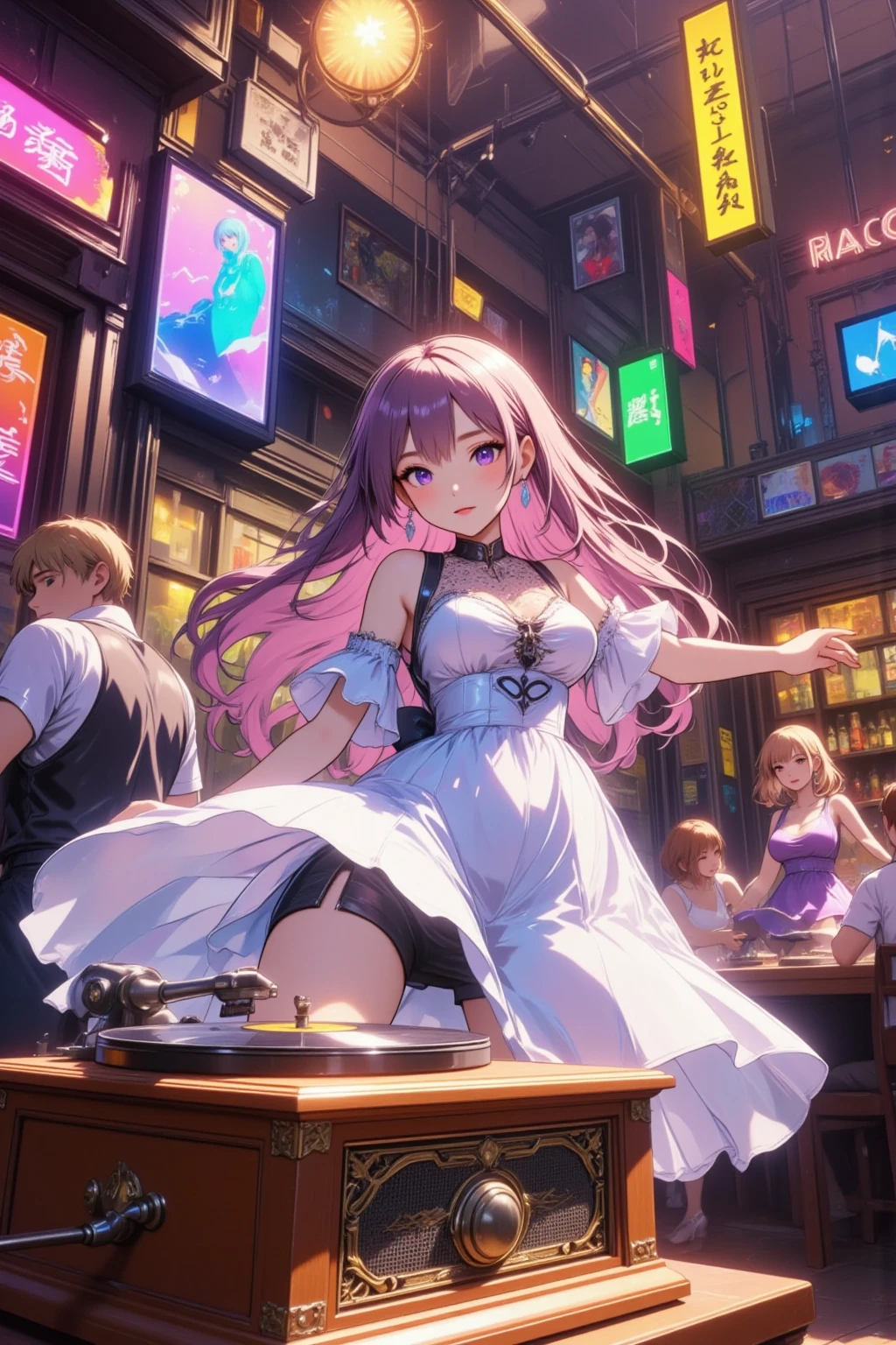 ( best quality, very detailed depiction, Incredible Hi-Res,High quality anime drawings), vintage record player, dancehall ,Woman dancing in a dress ,