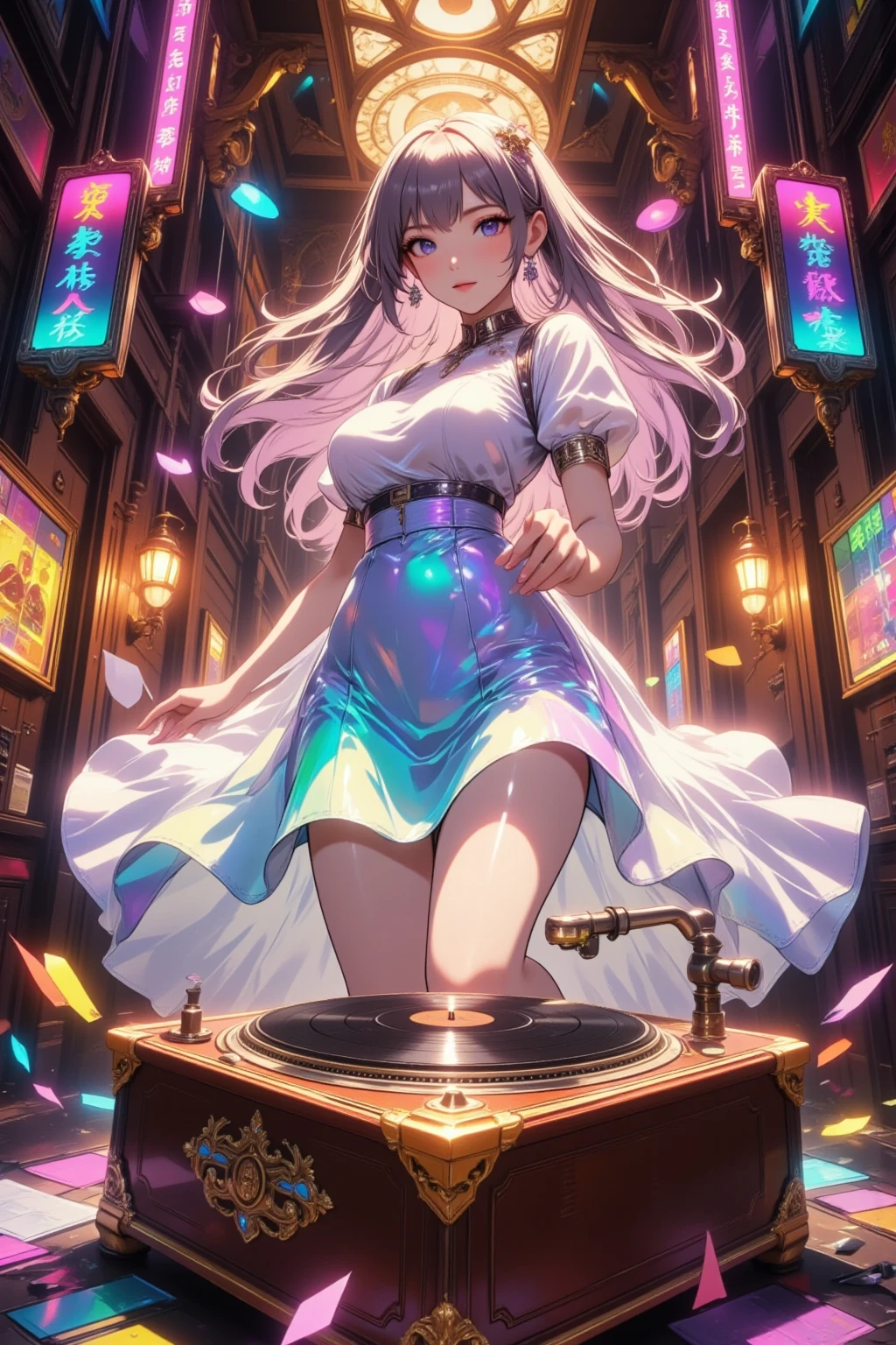 ( best quality, very detailed depiction, Incredible Hi-Res,High quality anime drawings), vintage record player, dancehall ,Woman dancing in a dress ,