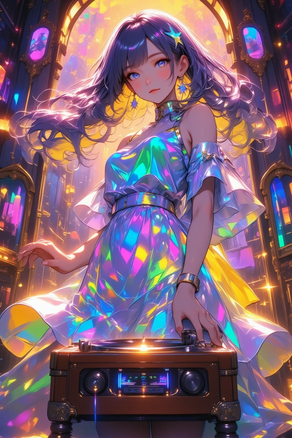 ( best quality, very detailed depiction, Incredible Hi-Res,High quality anime drawings), vintage record player, dancehall ,Woman dancing in a dress ,