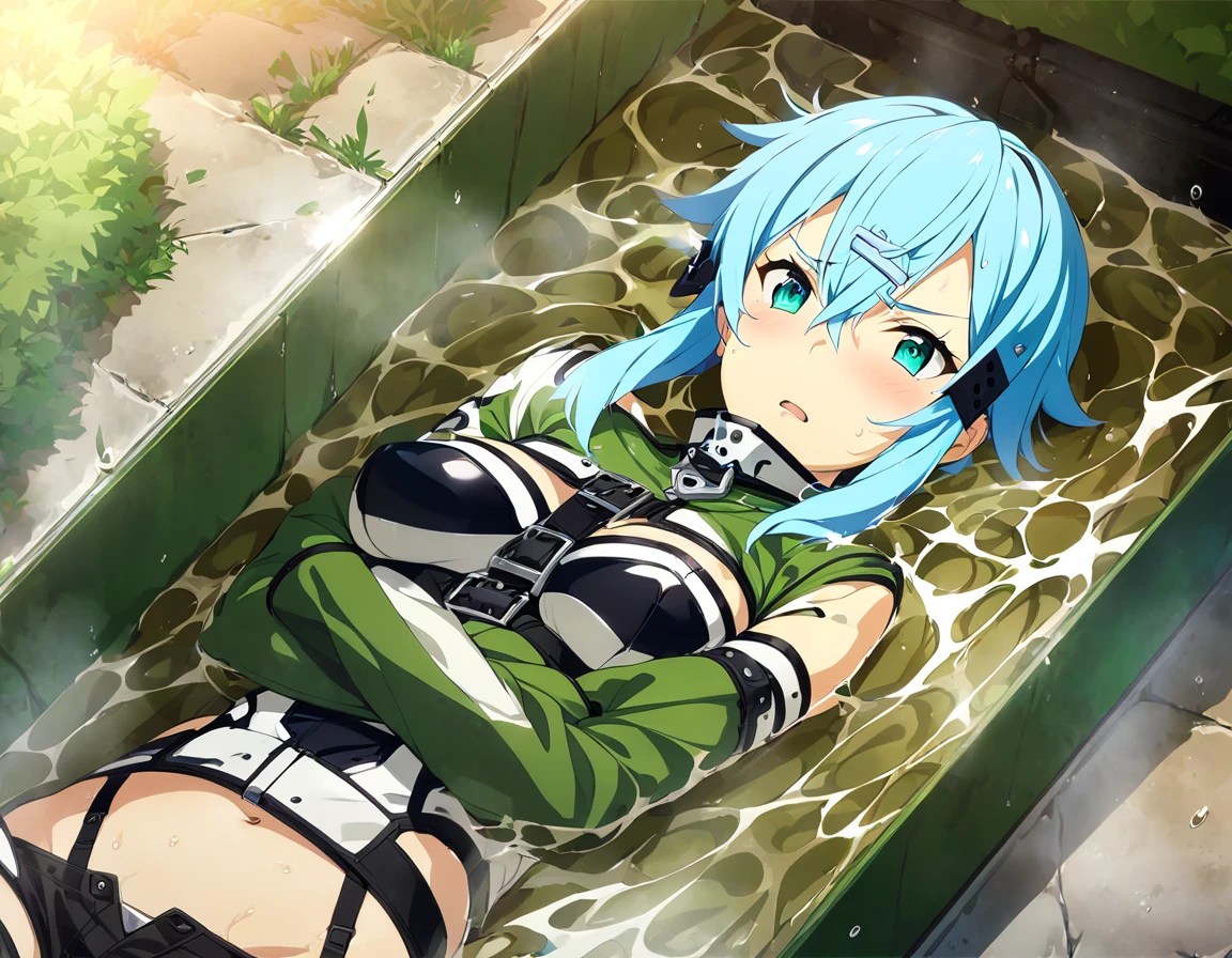  one girl  ,   Movie-like  , Game CG,   Animated Screenshot,   Official Art, masterpiece,   best quality,  Constraints着を着た少女 , Latexstraitjacket, Disheveled Hair, Restraint Belts Everywhere  ,Arms tied, Latex straitjacket , sinonggo, aqua eyes, short hair, aqua hair, sidelocks, hair between eyes, hairclip, hair ornament, green jacket, leotard, scarf, black shorts, gloves, long sleeves, medium breasts, Constraints,  crosses her arms under her chest, prison, blue hair, Angry face,  blush, Wet clothes,  sheer clothes,   open your mouth,  face up , Lying on your back, navel, dishclothball, Wet boobs, In the box,  Framed Box, Water Box ,  steam , iron pipe, glass lidのついた箱,  looking down at it from above,  Girl in Water , Lie down, glass lid, Glass Box