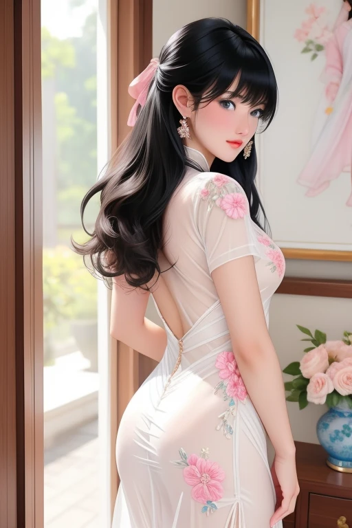 1girl 15years old,anime girl, bangs,standing,cowboy shot,dynamic angle BREAK (closed mouth), black hair, blue eyes,white pantie, blurry, blurry background, blush, bottomless, breasts, closed mouth,no bra, cum, dutch angle, erection, hair between eyes, hair ribbon, hetero, indoors, jewelry, long hair, looking at viewer,(Tight see through Chinese dress with floral embroidery)see through deep pink dress, mature female, /(black hair/) bangs, (masterpiece best quality:1.2) delicate illustration ultra-detailed, small breasts , outdoors, detailed back ground,white pantie,(pantie line),standing,turn back,full body,side view,bent butt,sexy,