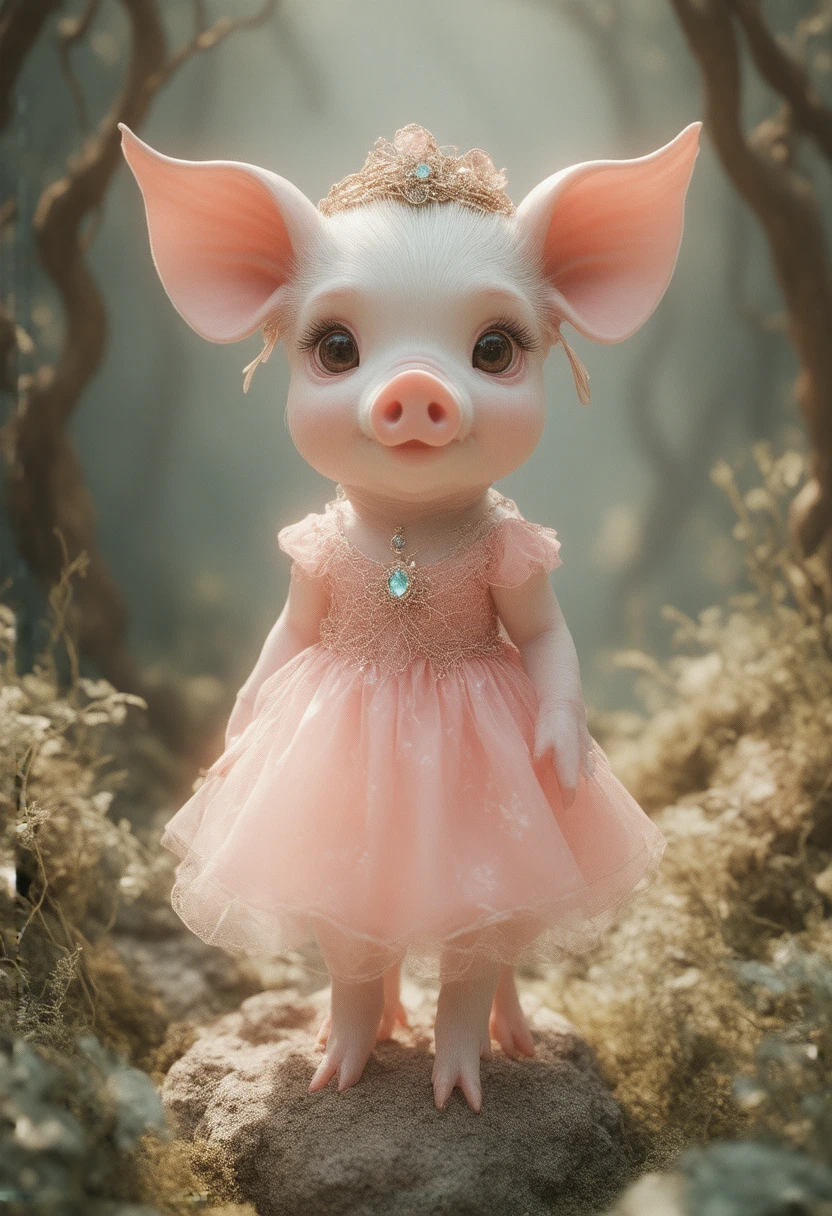  pig girl, 1girl, extremely detailed face, beautiful detailed eyes, beautiful detailed lips, long eyelashes, pig ears, pig snout, wearing a pink dress, pig tail, standing in a fantasy meadow, (best quality, 4k, 8k, highres, masterpiece:1.2), (realistic, photorealistic, photo-realistic:1.37), digital art, highly detailed, intricate details, vibrant colors, warm lighting, natural environment, magical, whimsical