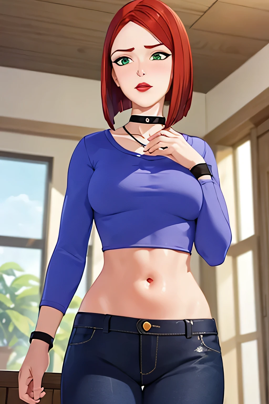 super fine illustration, vibrant colors, masterpiece, sharp focus, best quality, depth of field, looking down, cinematic lighting, ultra detailed, solo, 1girl, big bellybutton, large navel, tummy, choker, jewelry, necklace, black choker, blue shirt, crop top, long sleeves, black_pants, jeans, long pants, wristband, red hair, short hair, green eyes, makeup, lipstick, red lips, bob cut, lips, mature woman, indoors, small breasts, slim, slender, annoyed, hand on own stomach, skinny, blush,CARTOON_merry_jane_watson_SMTAS_ownwaifu, www.ownwaifu.com,upper teeth only, 