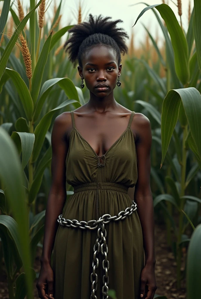 photorealistic woman, age 25, african, huge large busty, nude, in chains in a corn field