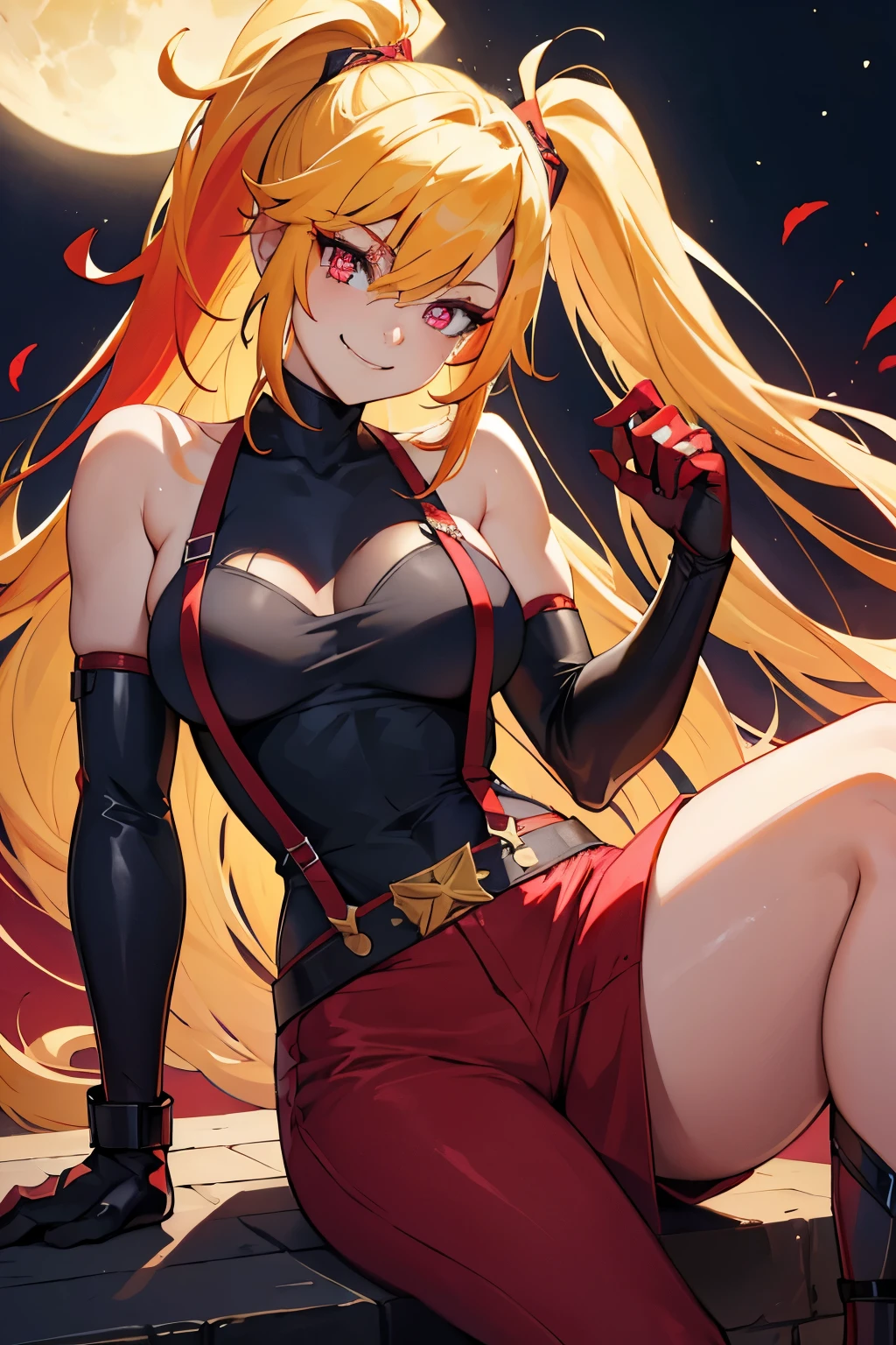 (highdef, best quality, masterpiece) girl, armored bodysuit, high heels, vibrant golden hair, red eyes,