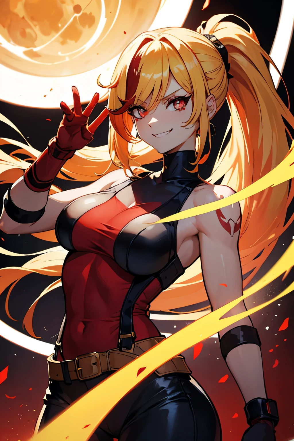 young girl, longue blonde hair, Hairpin with a bundle, turquoise eyes, Yakuza tattoos, red tight uniform, Sleeveless, Wide neckline on the chest to the abdomen, Gold Elements, Red gold armor, Shorts, claws, smirk, Masterpiece, hiquality, 4k, HD, Good detail