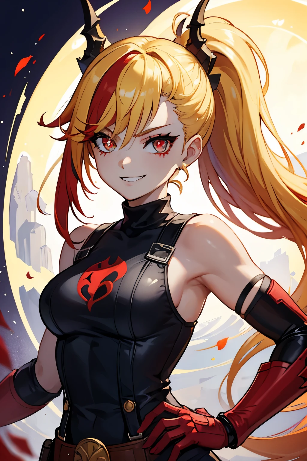 (masterpiece, best quality:1.2), red glowing eyes, red eyes, the eyes are red, perfect face, strong make up, highres, 1 girl, ultra long ponytail, (female:1.5), strife, blonde hair streaked with lots of red highlights, two colors hair (blond and red), hight flame outfit, shoulder armor, sleeveless turtleneck, suspenders, belt, gloves, bracer pre potent se, crossing legs, crossing arms , evil smile, evil pose, sitting, portrait, looking at viewer, Her hair is streaked with lots red and blonde highlights, moon tribal tattoo.