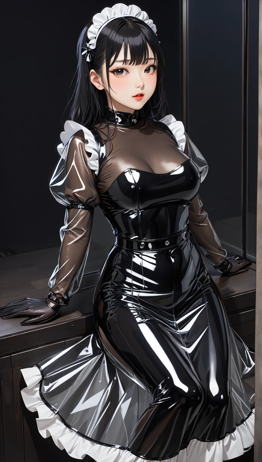A woman wearing a latex maid outfit、Long sleeve、Tight long skirt、Latex shirts、Sitting in a chair