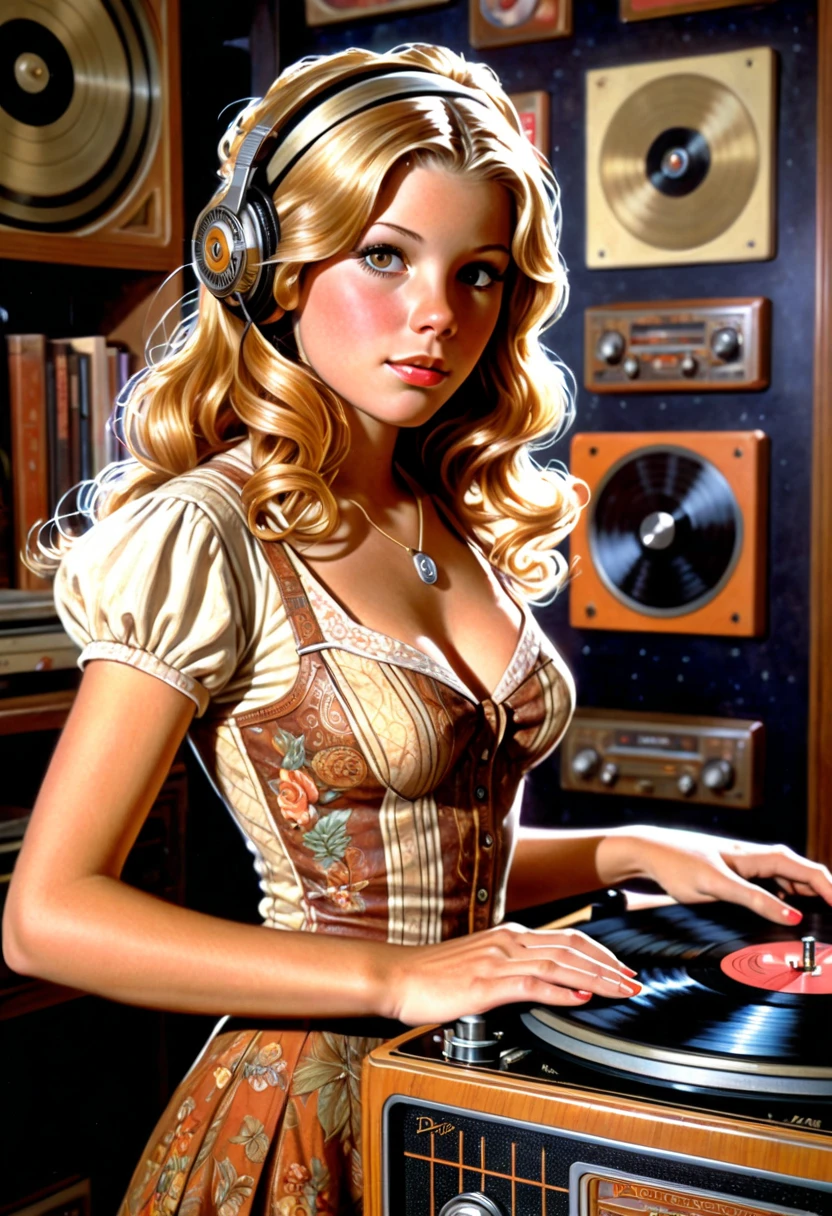 Vintage Record Player, girl, by Drew Struzan.
best quality, masterpiece, intricate details, ultra-detailed