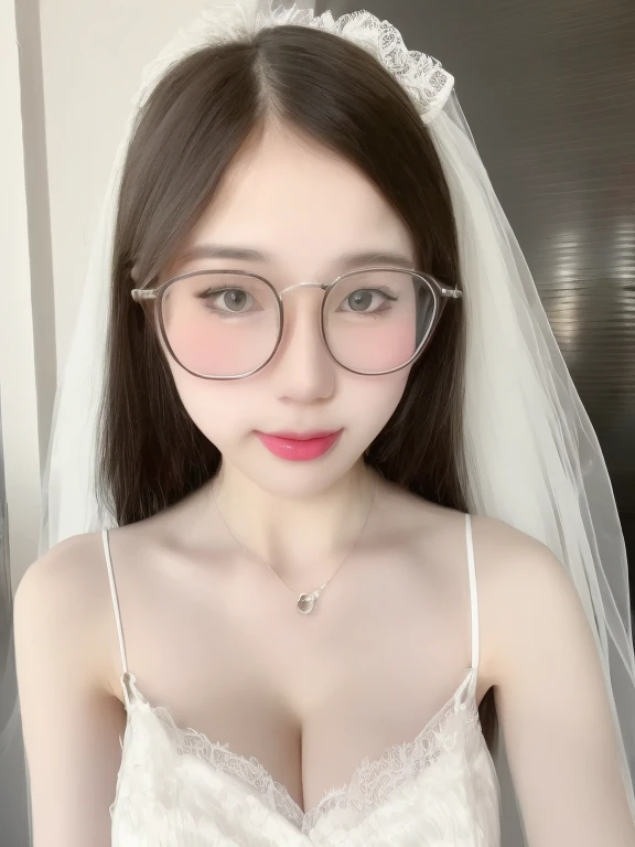 (realistic、masterpiece、Best Quality、8K、highres、high resolution:1.3)、1 glasses girl , white bridal transparent dress,white lace veil, upper body, full breasts, gigantic breasts, cleavage,