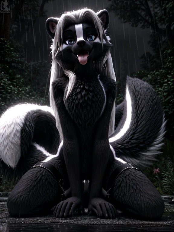 Skunk, Solo, 1 girl, fluffy, feminine, beautiful, long hair, Cute, fur detailing, dark colored fur, 3d, Model, slim body, enjoys, in a forest, night, rainy, wet fur, sexy body, 18+, light erotica, fluffy, detailed fur, beautiful eyes, intimate, slightly flirty, chest fluff, flat chest, small round chest, on knees, tongue out, (cunnilingus gesture), hand hovering over mouth, licking between fingers, seductive pose, thigh strap, one leg in front of other, digitigrade