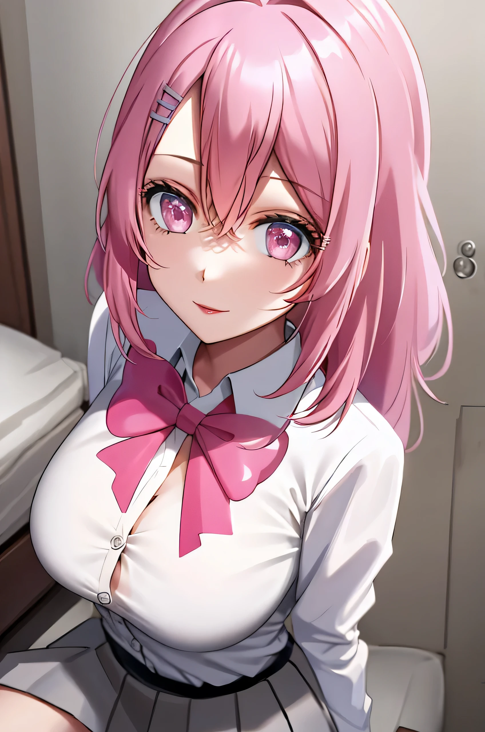 1girl, sitting on bed, facing viewer, BREAK long hair, pink hair, hairclip, bangs, pink eyes, school uniform, pink bow, white shirt, collared shirt, long sleeves, grey skirt, cleavage, bra, (medium breasts:0.85), (aroused:0.9), BREAK detailed background, bedroom, BREAK, (best quality, masterpiece, UHD, ultra detailed), (beautiful face, shiny skin), (detailed eyes), (perfect anatomy), (professional lighting)