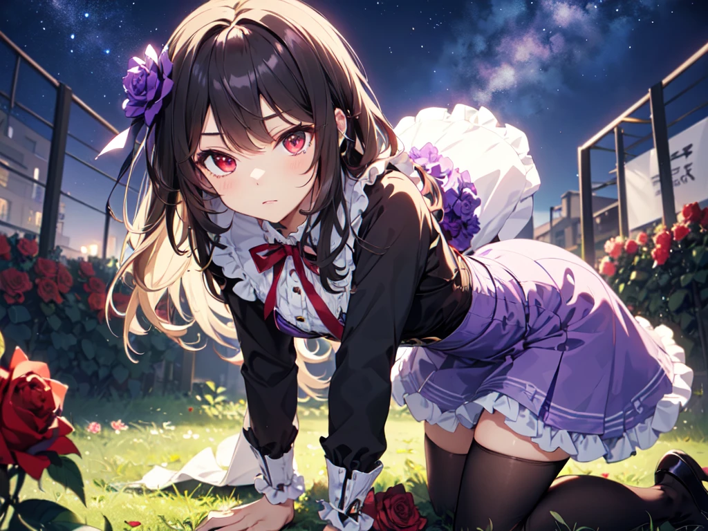 Alone, young girl, human ears, red eyes, flat chest,
(black hair, big red ribbon tied behind head, vertically curled hair, flower in hair),
((frilled purple long skirt, purple high waist dress, long sleeves, black tights, black knee-high socks)),
(night, stars, red rose garden at night, surrounded by many red roses at night),
(ahegao, expressionless),
(leaning forward, leaning forward position, on all fours, kneeling),
(retina, masterpiece, accurate, anatomically correct, textured skin, ultra detailed, high resolution, high quality, award winning, best high quality, high resolution),