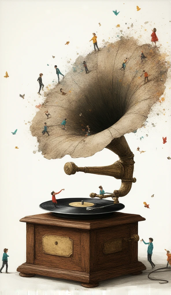 a mixture of realistic environment and cartoony creatures. a realistic gramophone, with tiny cartoon people living on it.