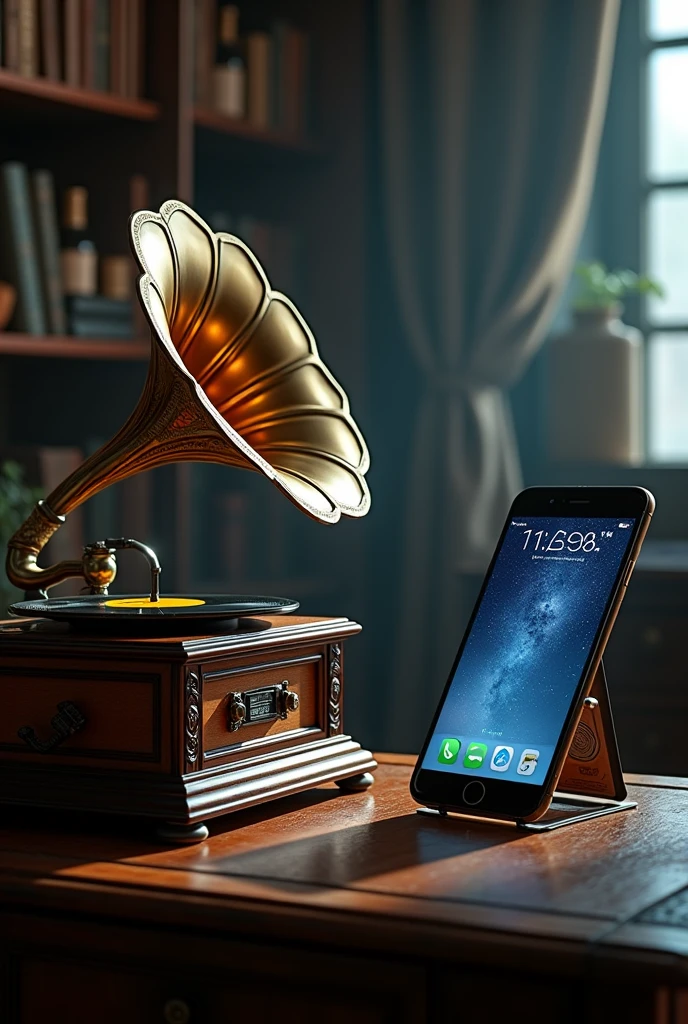 (( best quality)), ((masterpiece)), (( high definition)),(( high definition )),8k, The battle between the sound of a gramophone and a smartphone's high-resolution sound source,The musical notes are visible 