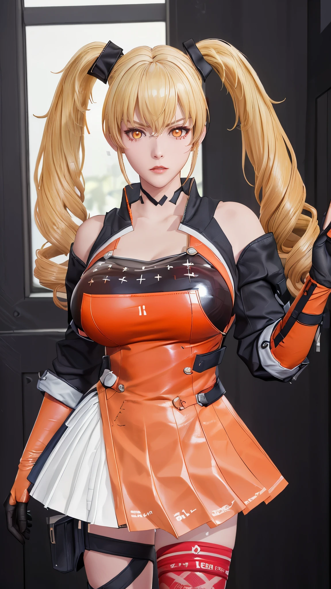 (（（figure，御姐figure,White and tender skin,（（（FenNib , long_sleeves_skirt, red_single_thighhigh, thigh_holster, elbow_gloves, strap, ）））,(（（twintails, Blonde_hair, orange_eyes,））),，((masterpiece)), highres icon,((Best quality at best)),masterpiece,quality,Best quality,(（（  is open to the audience,Light in the eyes，angry，anger）））， huge ,）））