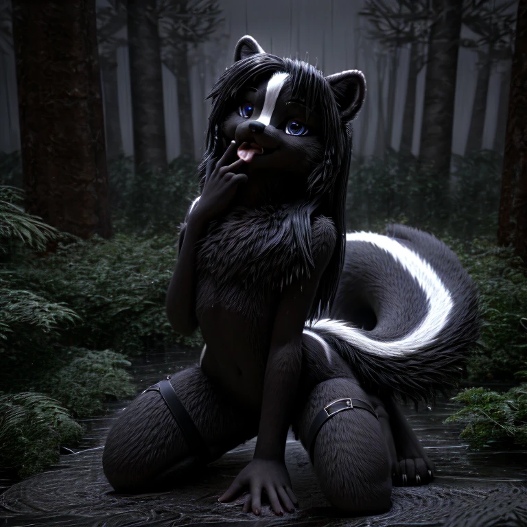solo female naked panda black medium length messy hair blue eyes small breasts thin body black heart shaped collar silver bracelet legs spread legs rubbing neck laying on bench in the woods with stars in the sky and full moon