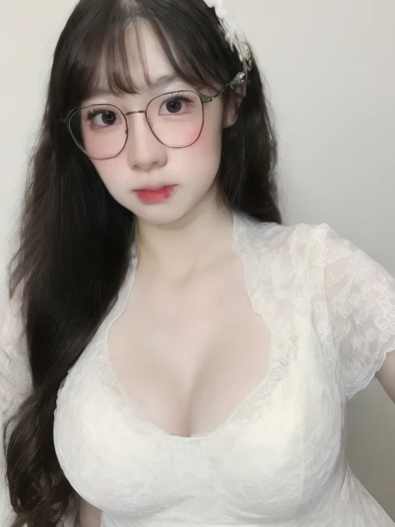 (realistic、masterpiece、Best Quality、8K、highres、high resolution:1.3)、1 glasses girl , white bridal transparent dress, upper body, full breasts, gigantic breasts, cleavage,