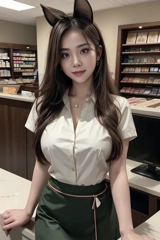 ((best quality)), ((masterpiece)), (detailed), perfect face, pretty face, beautiful female, beautiful body, e cup breast, cashier, minimarket cashier, cashier uniform, blouse, apron, mini skirt, perfect body, Stand behind the cashier's desk, head accessories, ears accessories, yae miko