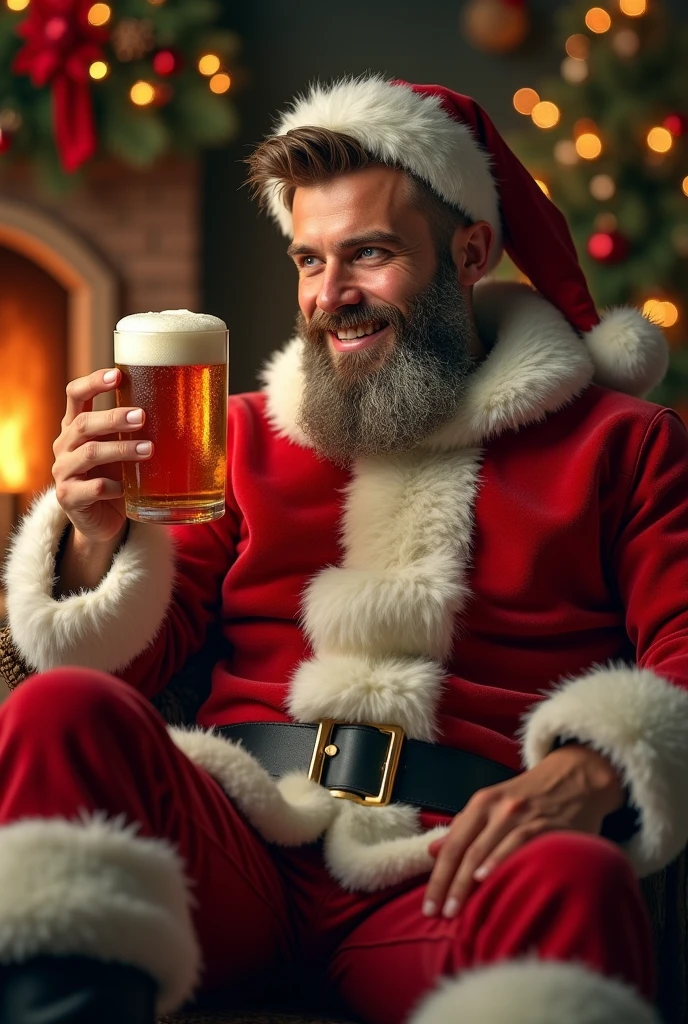 1man, age49,  Santa Claus, Solo, upper body photo, bad skin, (eyes closed:0.9), drugged look, drunk, unshaved, fake beard, Looking at Viewer, (santa hat, santa shirt), brown eyes, Realistic, back street alley, bottles