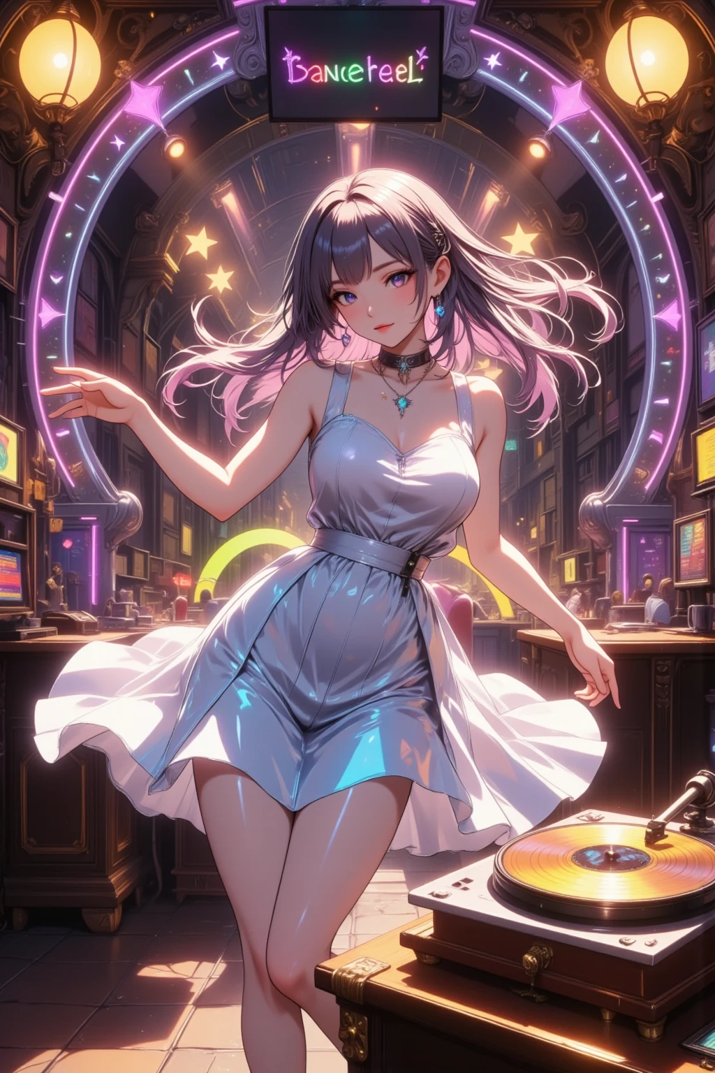 ( best quality, very detailed depiction, Incredible Hi-Res,High quality anime drawings), vintage record player, dancehall ,Woman dancing in a dress ,