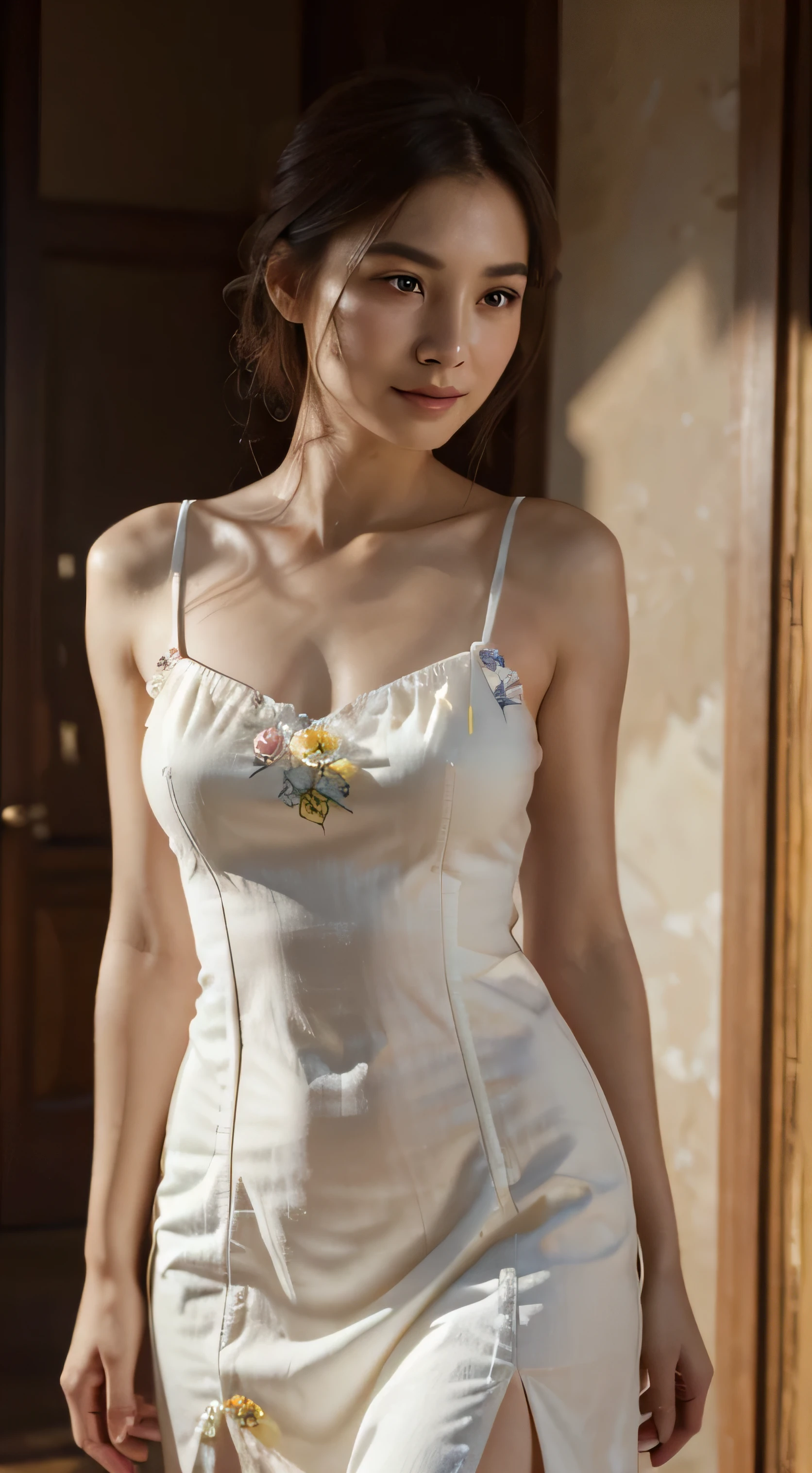 NSFW,NSFW:1,2,((Realistic lighting, Best Quality, 8K, Masterpiece:1.3)), nsfw,High school outdoor pool、White floral camisole:1.2、A single high school girl、((Slim body:2,0))、(Very small breasts)、(very small waist)、(((White floral camisole:2.0)))、とてもSlim body:1,2、((Slender body:2,1))、Thin chest、