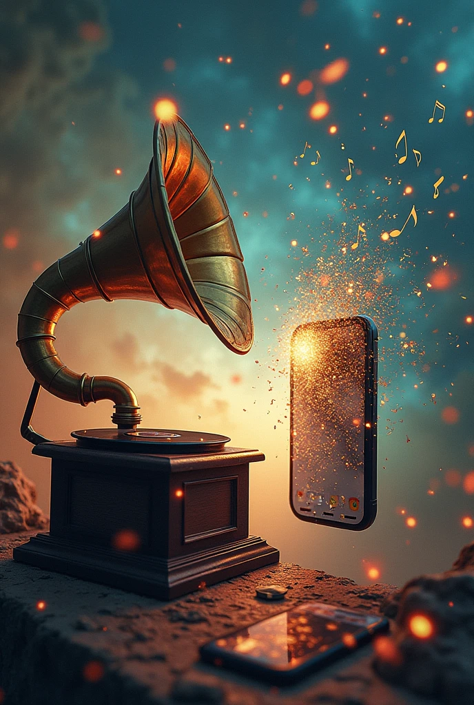 (( best quality)), ((masterpiece)), (( high definition)),(( high definition )),8k, The battle between the sound of a gramophone and a smartphone's high-resolution sound source,The musical notes are visible 