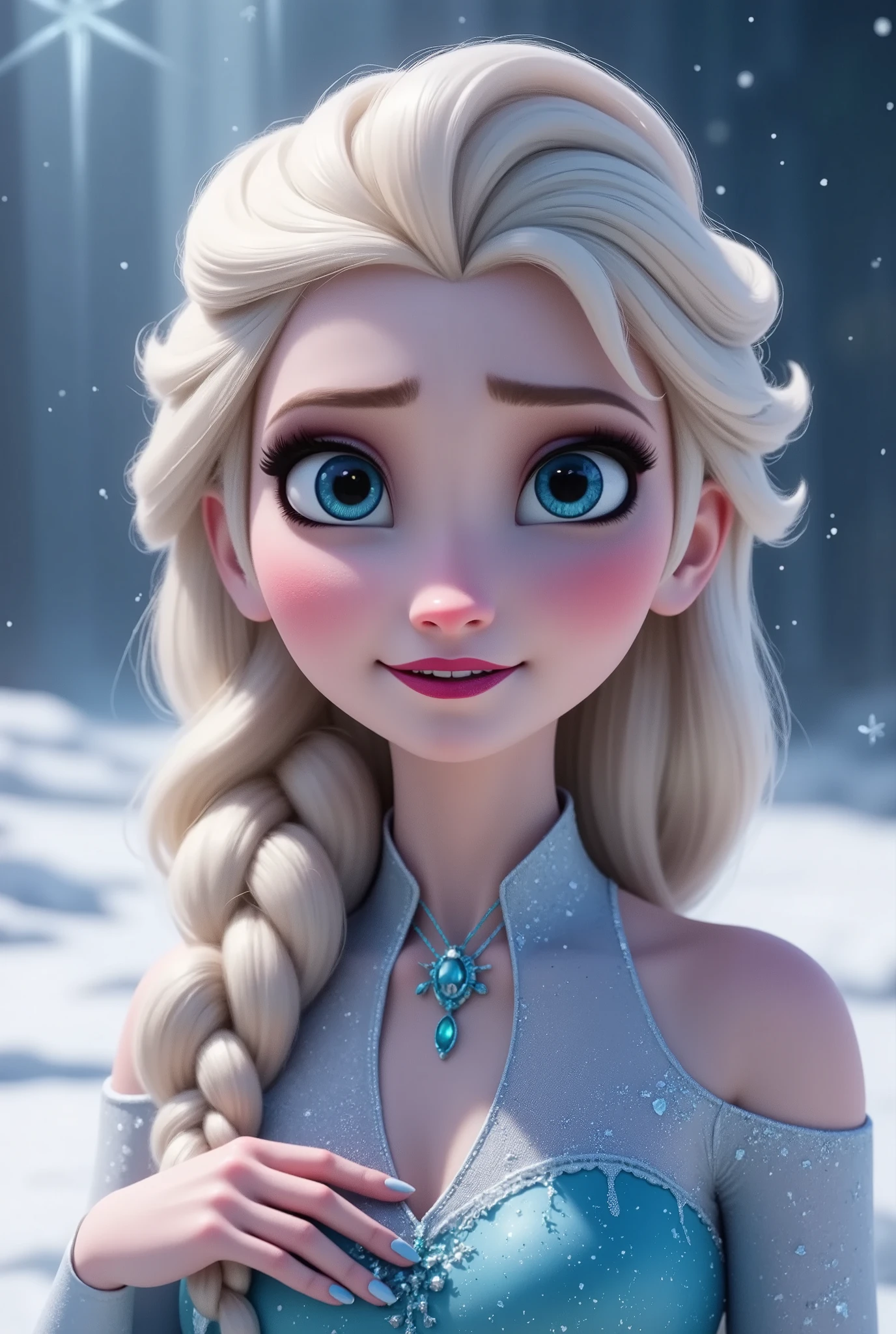 a detailed realistic portrait of elsa from frozen, beautiful detailed eyes, beautiful detailed lips, extremely detailed face and skin, longeyelashes, winter background, snow, ice, frost, cold atmosphere, detailed jewelry, detailed clothing, beautiful detailed dress, hyper realistic, photorealistic, 8k, masterpiece, vibrant colors, dramatic lighting