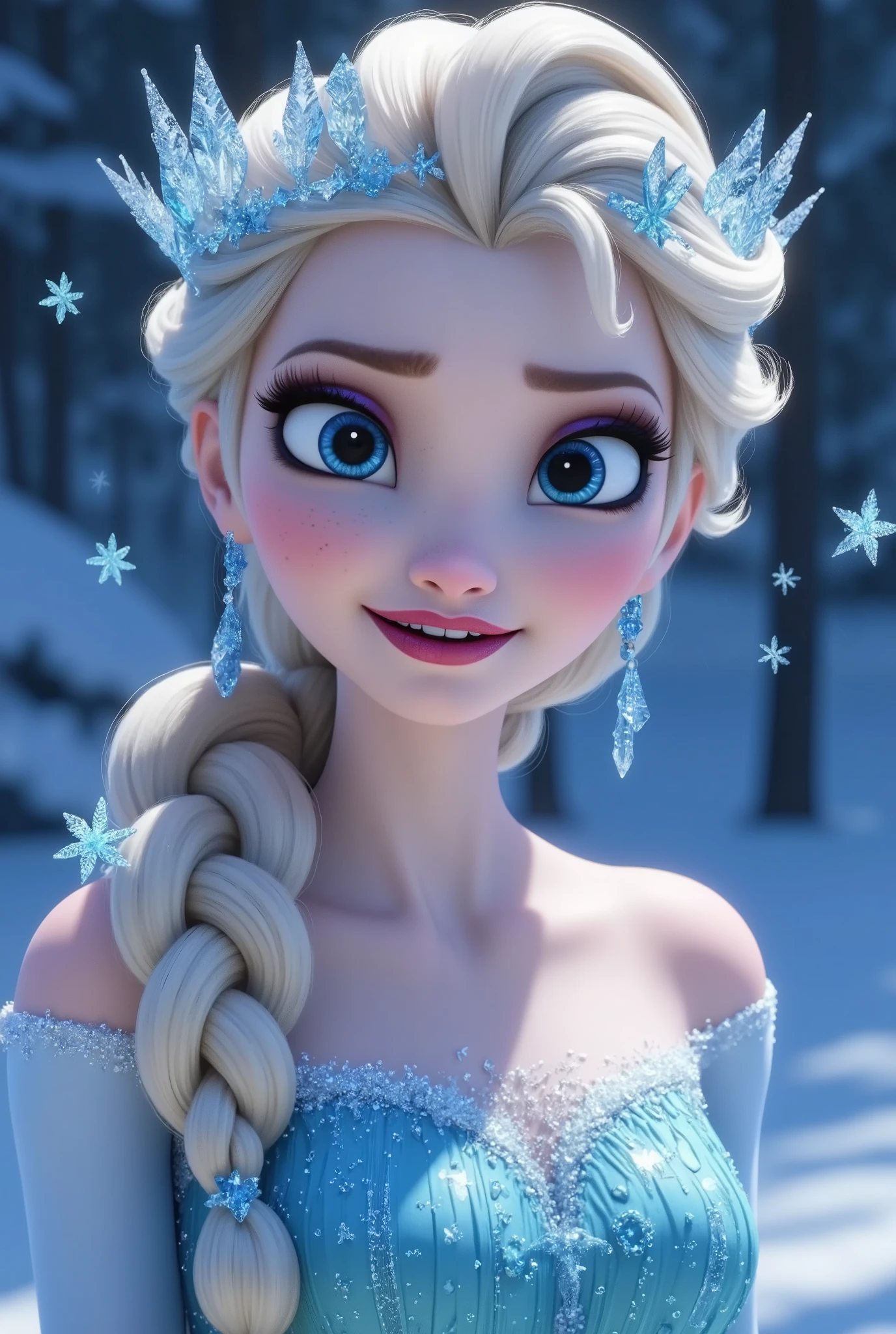 a detailed realistic portrait of elsa from frozen, beautiful detailed eyes, beautiful detailed lips, extremely detailed face and skin, long eyelashes, blonde hair, ice crown, ice dress, ice magic, snowy winter background, cinematic lighting, highly detailed, photorealistic, 8k, best quality