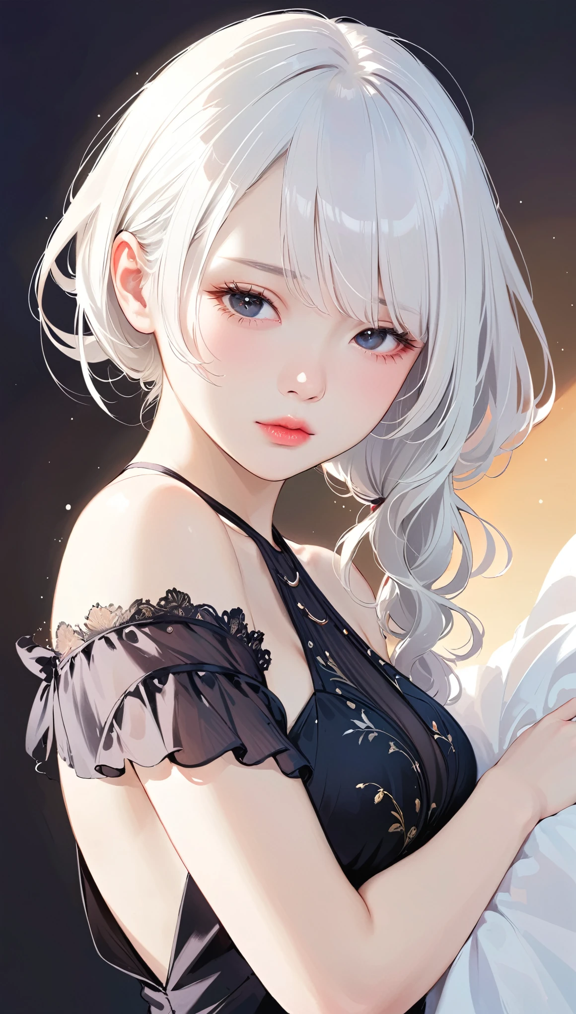 Masterpiece, best quality, (detailed background), high contrast, 1 girl, wearing lace underwear, full body, lying on the side, (white background: 1.5), clean line drawings, wavy light purple hair, bare shoulders, very large boobs, very huge boobs, lying on bed, best quality, blush, looking at the audience, big seduction, busty body, 8K, dress sexy, shy, shy look, seductive, lust, lewd eyes, wet skin, bare thighs, light on face, teddy bear, 18 years old korean idol, necklace, earing, flowers on her hair