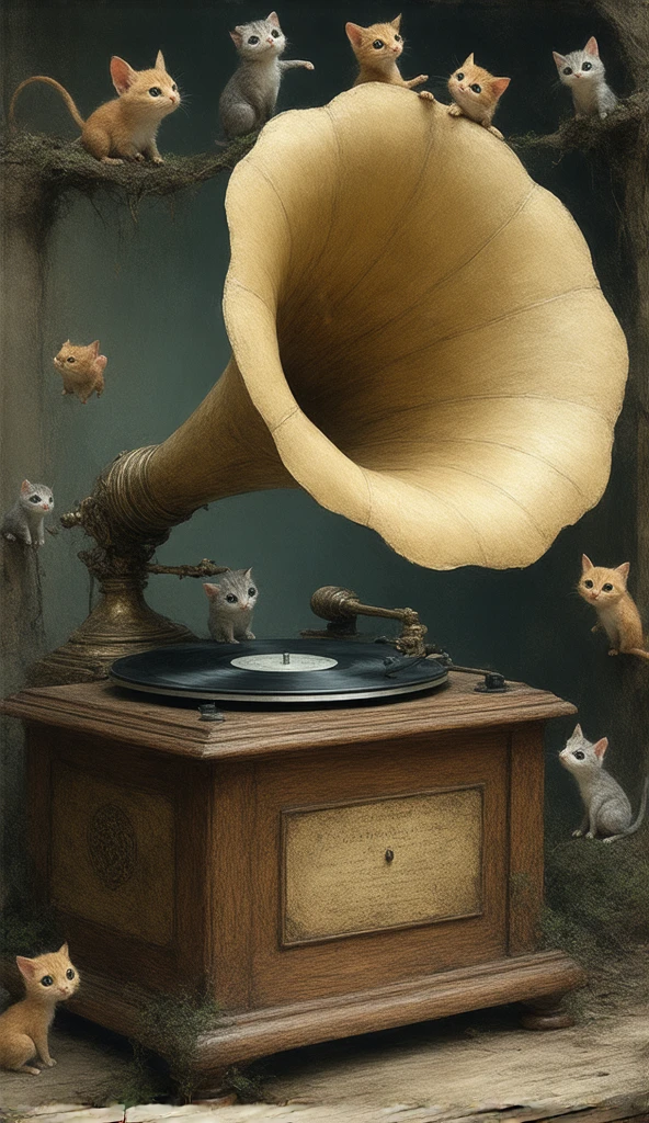 a mixture of realistic environment and cartoony creatures. a realistic gramophone, with tiny cartoon people living on it like a house. the mood is fantasy and cute, as found in ren's book.