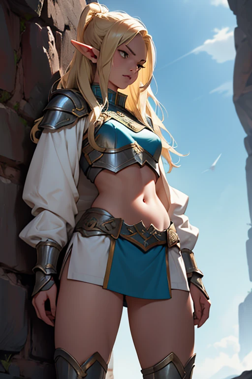 8k,(masterpiece:1.2), (highest quality:1.2), perfect eyes, perfect face, Volume illumination, 1, warrior's life, super beautiful(like the real thing), super realistic skin,blue eyes,big and full breasts,armor, luxurious blue and white robe, lean muscular body,blonde hair, pauldron, sword, internal, grim expression, fantasy, outdoors, detailed background, compensate, lipstick, eye shadow, mascara, thick eyelashes,Sexy,超A high resolution,surreal,masterpiece,highest qualityのフォトリアリスティックなRAW写真。bright colors,rich colors, Backlight, cinematic lighting, film grain, to be born, 50mm lens, Nikon D850,detailed character art,fantasyアート,ultra high resolution,super realistic skin,Perfect hand shape,mountainous area,beautiful expression,dynamic pose,fighting pose,fighting stance,blue and white long skirt,Violent and strongly cracked abdominal muscles,gorgeous blue and white gauntlet,