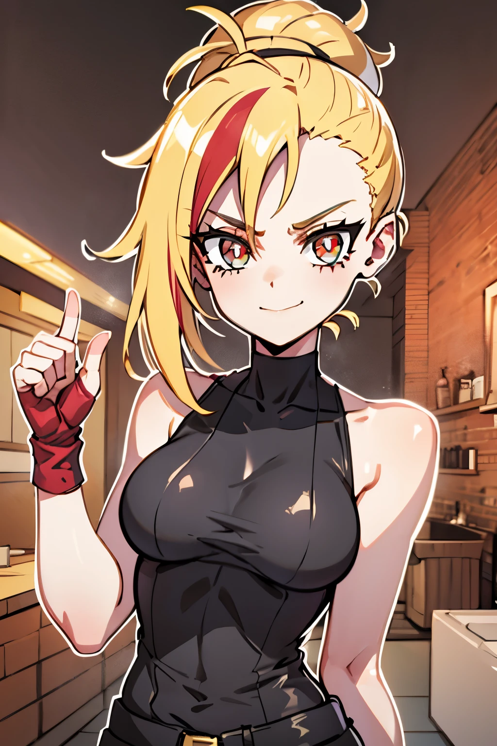 she is back, insane smile,(masterpiece, best quality:1.2), red glowing eyes, red eyes, the eyes are red, perfect face, strong make up, highres, 1 girl, ultra long ponytail, (female:1.5), strife, blonde hair streaked with lots of red highlights, two colors hair (blond and red), hight flame mistress outfit, shoulder armor, sleeveless turtleneck, suspenders, belt, gloves, bracer pre potent smile , evil smile, evil pose, lovely pose, portrait, looking at viewer, Her hair is streaked with lots red and blonde highlights, moon tribal tattoo.