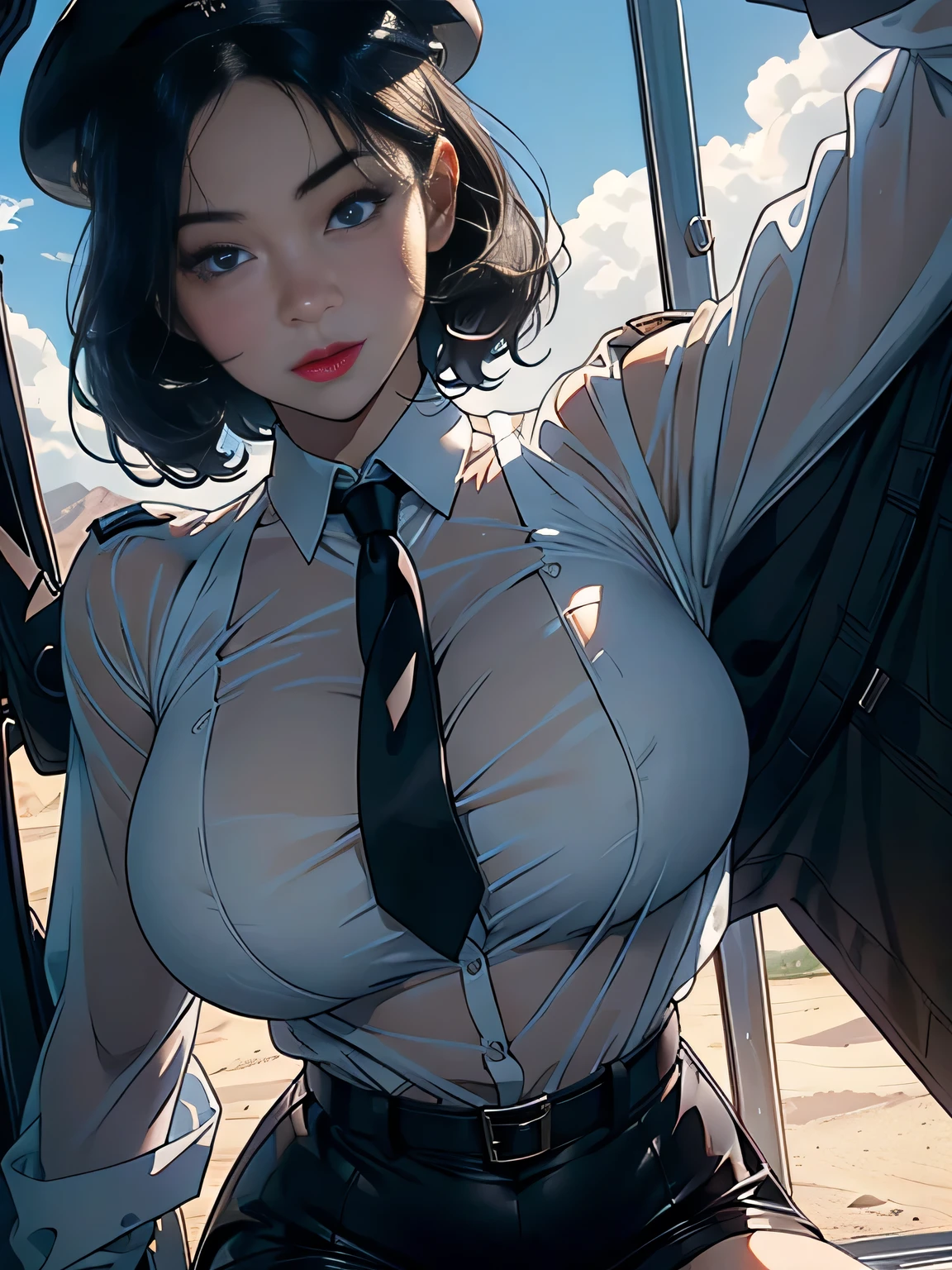 1female,35yo,plumw,extremely large bosom, solo,(Background with:A desert,aerodrome,Planes) She has very short black hair,bobo head,Stand on the plane,,seen from the front, curlieostly cloudy sky,(((tmasterpiece),(Very detailed CG unity 8K wallpaper),best qualtiy,cinmatic lighting,detailed back ground,beatiful detailed eyes,Bright pupils,Black eyes,Snow-white skin,Redlip(Very fine and beautiful),(Beautiful and detailed eye description),ultra - detailed,tmasterpiece,)),facing at camera,A high resolution,ultra - detailed),revealing breasts,Bare genitalia, Bulge,legs are open,Raised sexy,Camel toes,Flushed complexion,Desire for dissatisfaction,frontage,military officer(Wearing:White transparent shirt,black necktie,black short skirt,Black pantyhose,Bare breasts)