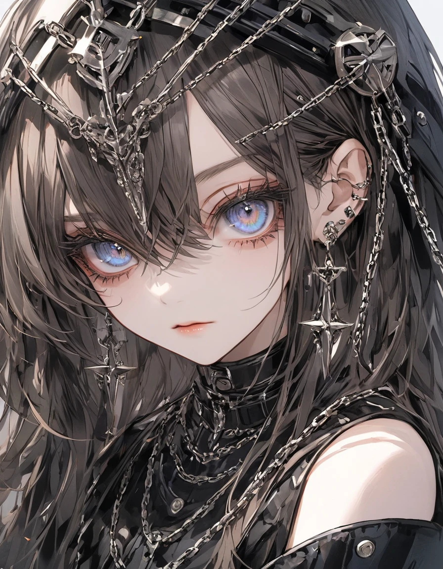 Beautifully drawn eyelashes Long, narrow eyes, perfect eyes, fine eyes, Make the picture clearer, write with sharp eyes, clear parts eye shape, Heavy metal, heavy accessories, chains