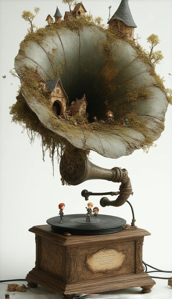 a mixture of realistic environment and cartoony creatures. a realistic gramophone, with tiny cartoon people living on it like a house. the mood is fantasy and cute, as found in ren's book.