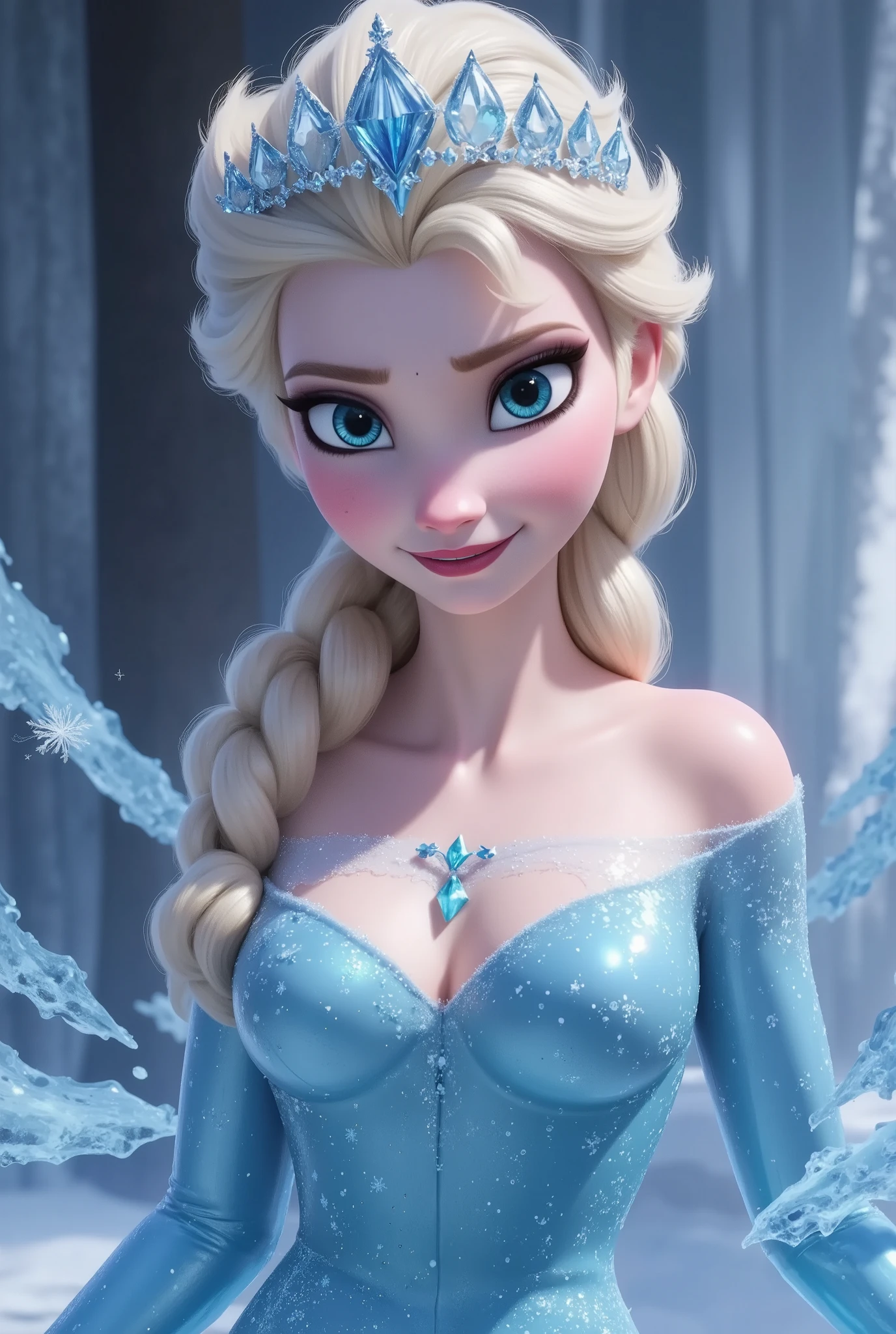 a detailed realistic portrait of elsa from frozen, beautiful detailed eyes, beautiful detailed lips, extremely detailed face and skin, long eyelashes, blonde hair, ice crown, ice dress, ice magic, snowy winter background, cinematic lighting, highly detailed, photorealistic, 8k, best quality