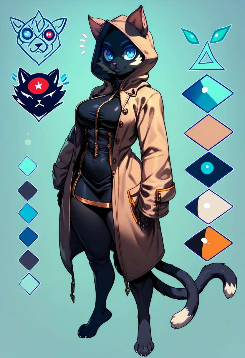  blazblue ,oc, furry Black cat female, big eyes ,thighs ,UP hood Coat  , BLUE pupils  , solo , Full body ,Simple background,character sheet .