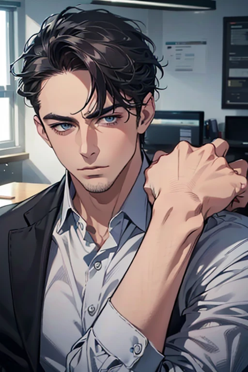 (Best Quality,4k,8k,high resolution,Masterpiece:1.2),ultra detailed,(realist,photorealist,photo-realist:1.37),1 man,31 years,mature man,very handsome,without expresion,muscled body,short gray black hair,Blue eyes,glare,perfect face without mistakes,imposing posture,businessman,office background,cinematic lighting,imagen HDR