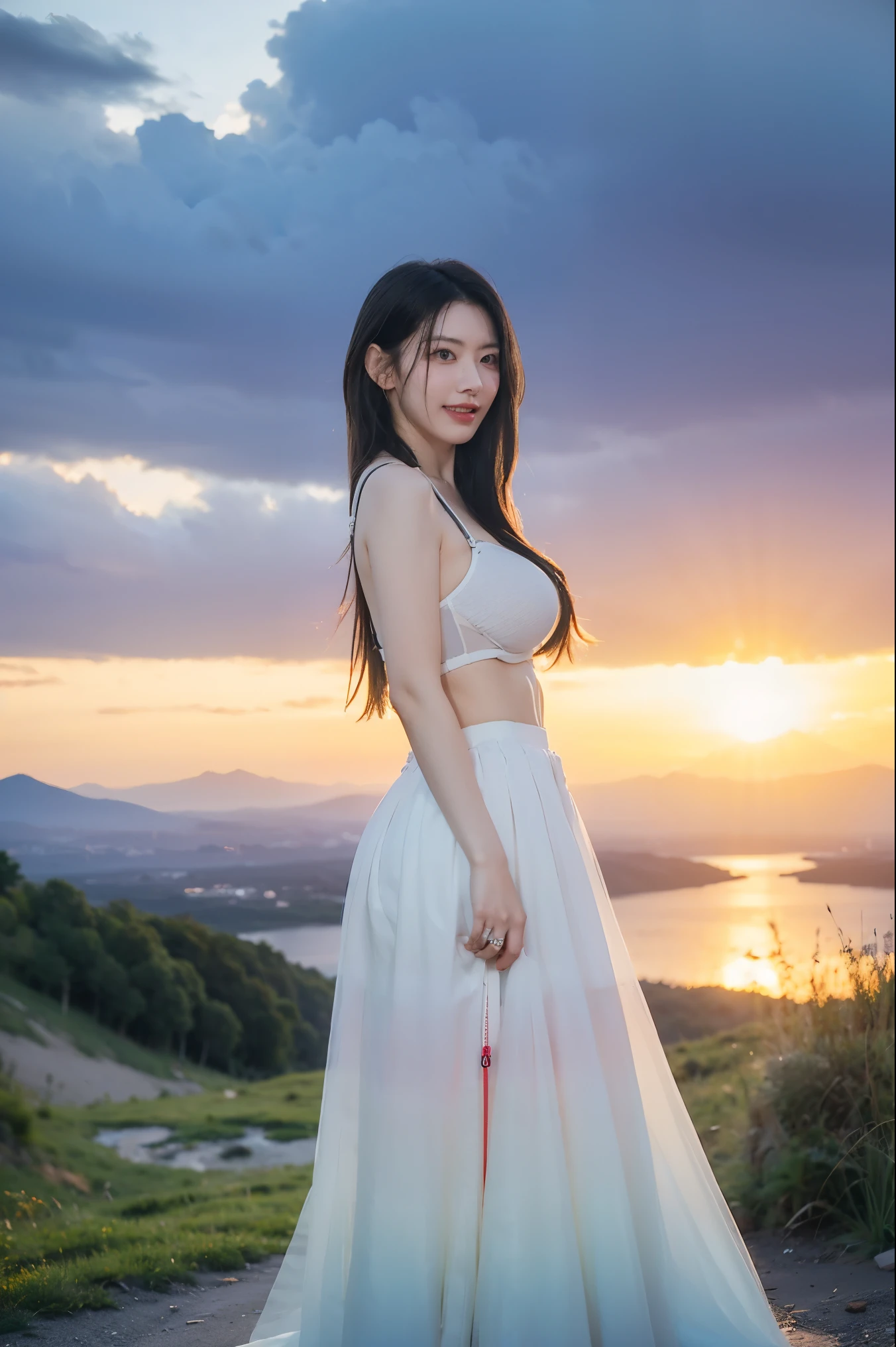 no, Ray tracing, Radio City, Anisotropic filtration, 16,000, best quality, 1 woman, alone, mature, beautiful hiker, black bra, Gradient long hair, hiking equipment、laugh、sunset、((big breasts)) 、full body, wedding dress, butt crack