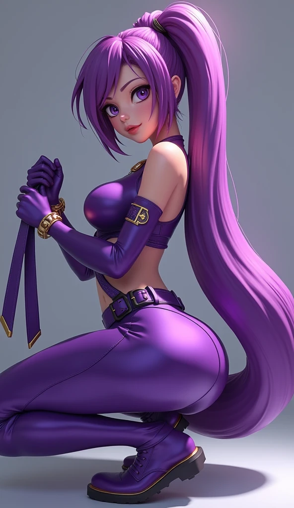 uma menina sozinha Bunnysuit, seios pequenos, coxas grossas, cabelo roxo, roupas pretas com detalhes amarelos, dynamic action