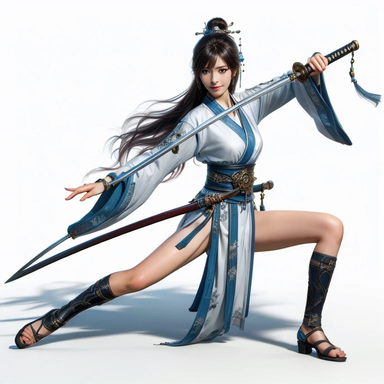 nvjianke,1girl,weapon,solo,sword,long hair,hair ornament,holding,holding weapon,black hair,thighhighs,white background,full body,holding sword,sash,jewelry,long sleeves,wide sleeves,fighting stance,earrings,simple background,tassel,looking at viewer,hair bun,closed mouth,chinese clothes,hair between eyes,
Best quality,masterpiece,ultra high res,