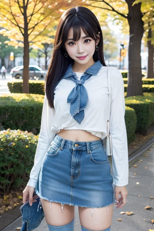 Japanese idol beautiful girl、denim fashion、 Knee Socks 、 autumn park