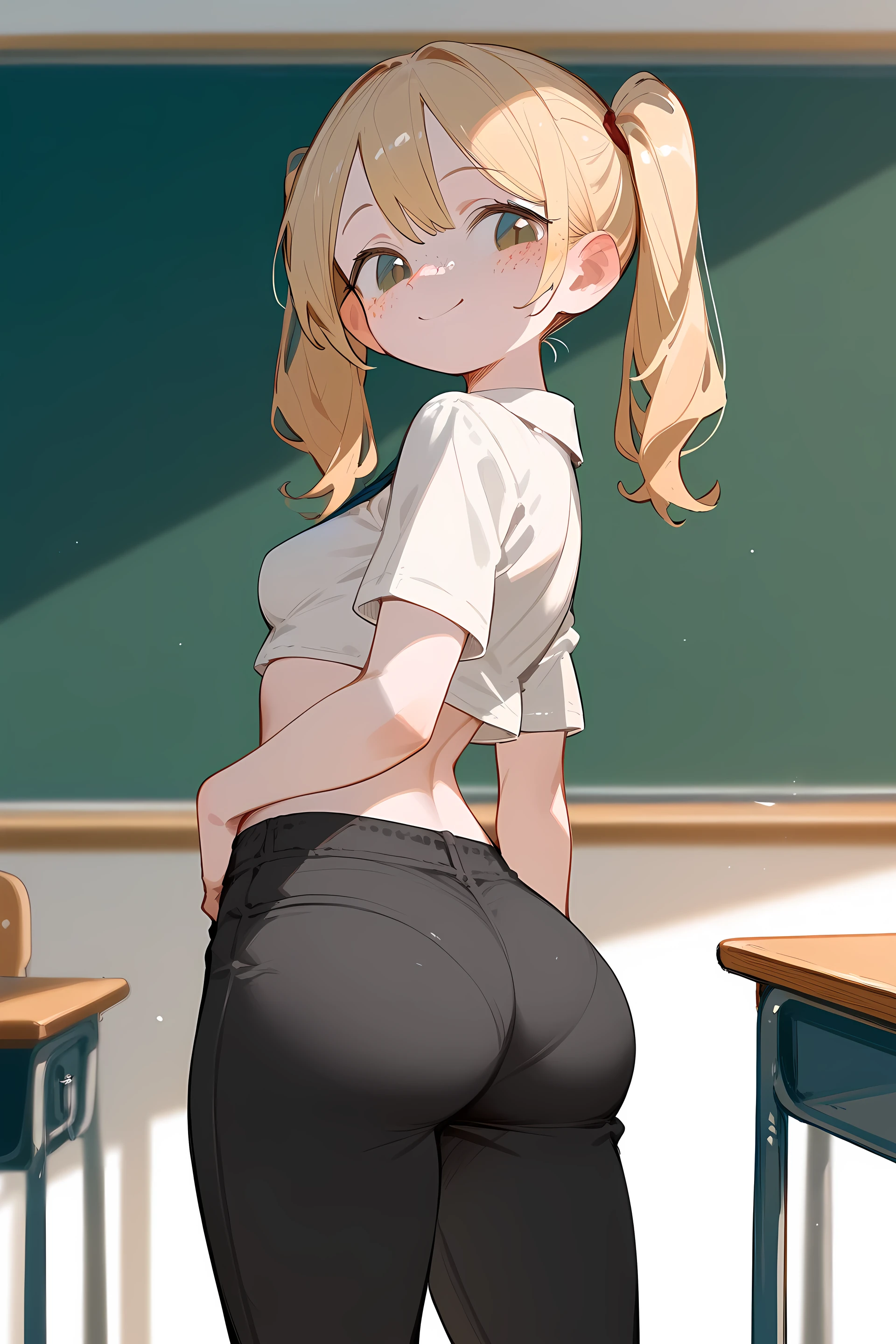 score_9,score_8_up, shy smile, blond hair, in twintails, pale skin, (Small breasts), cute nose, freckles, slim blouse, black pants, wide hips, bubble ass, athletic legs, sexy pose, classroom, (underwear lines in pants), hand on hip