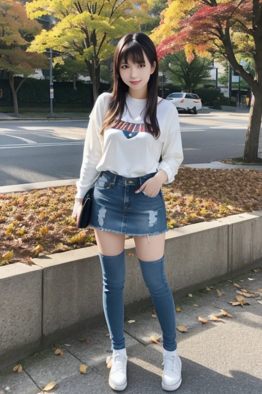 Japanese idol beautiful girl、 full body shot、denim fashion、 Knee Socks 、autumn leaves