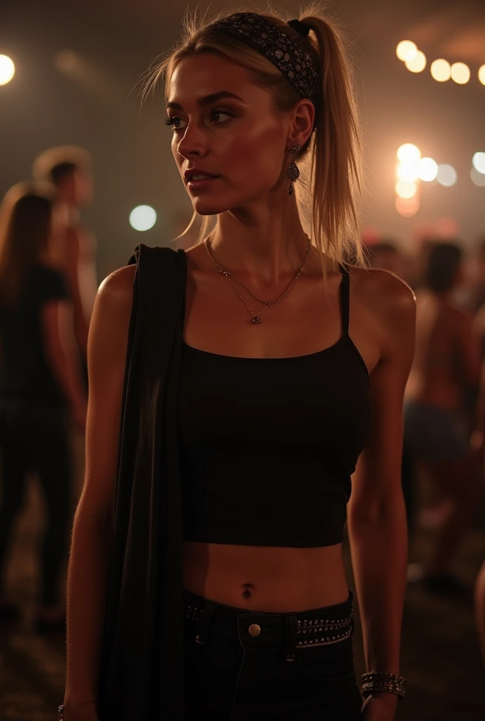 Sophie turner, caminando en bikini por la ciudad de new york, con el cuerpo tatuado completamente, en una noche estrellada, Front position, staring at the camera. estilo hiper realista, ultra hd en 12k
