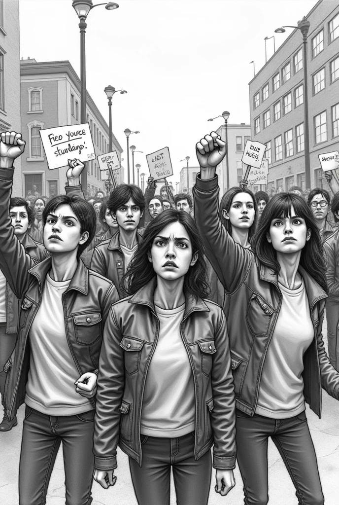 Drawing of unhappy students protesting - SeaArt AI